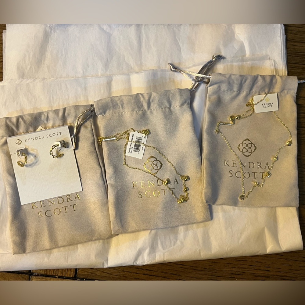 Kendra Scott Gold Heart Necklace, Earrings with bags, boxes and tissue paper